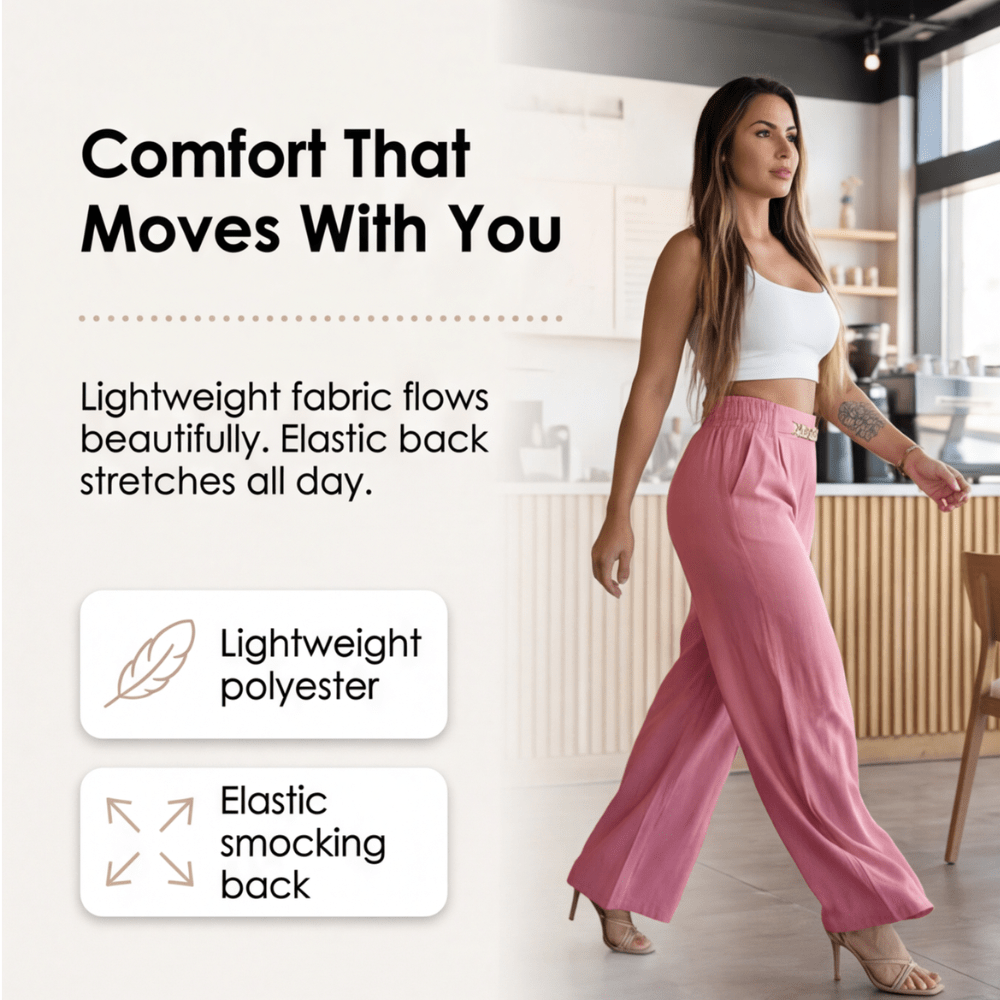Florena Wide Leg Trousers | High Waist with Gold Chain Accent - Hartwella