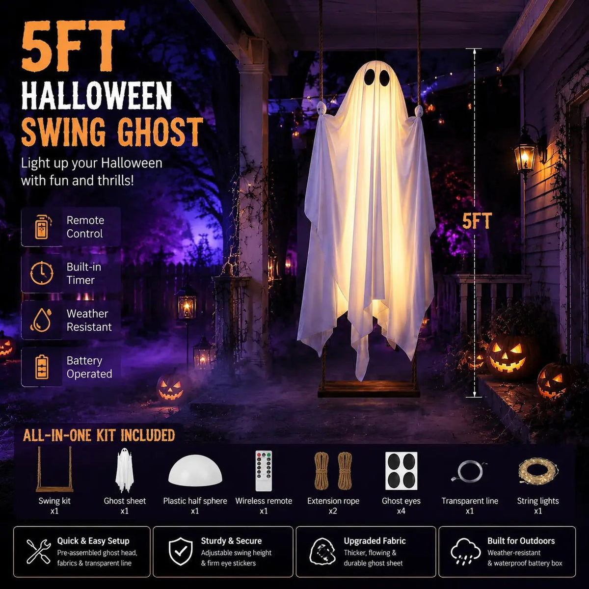 Glimmer Ghost Swing | Battery-Powered Halloween Decoration with Remote Control - Hartwella