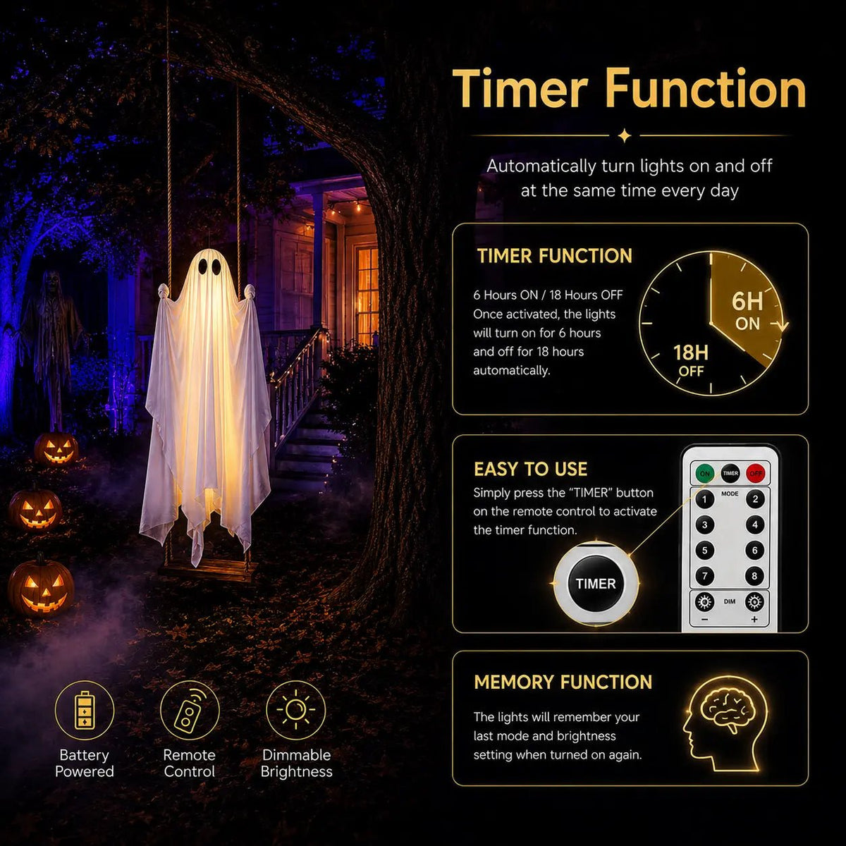 Glimmer Ghost Swing | Battery-Powered Halloween Decoration with Remote Control - Hartwella