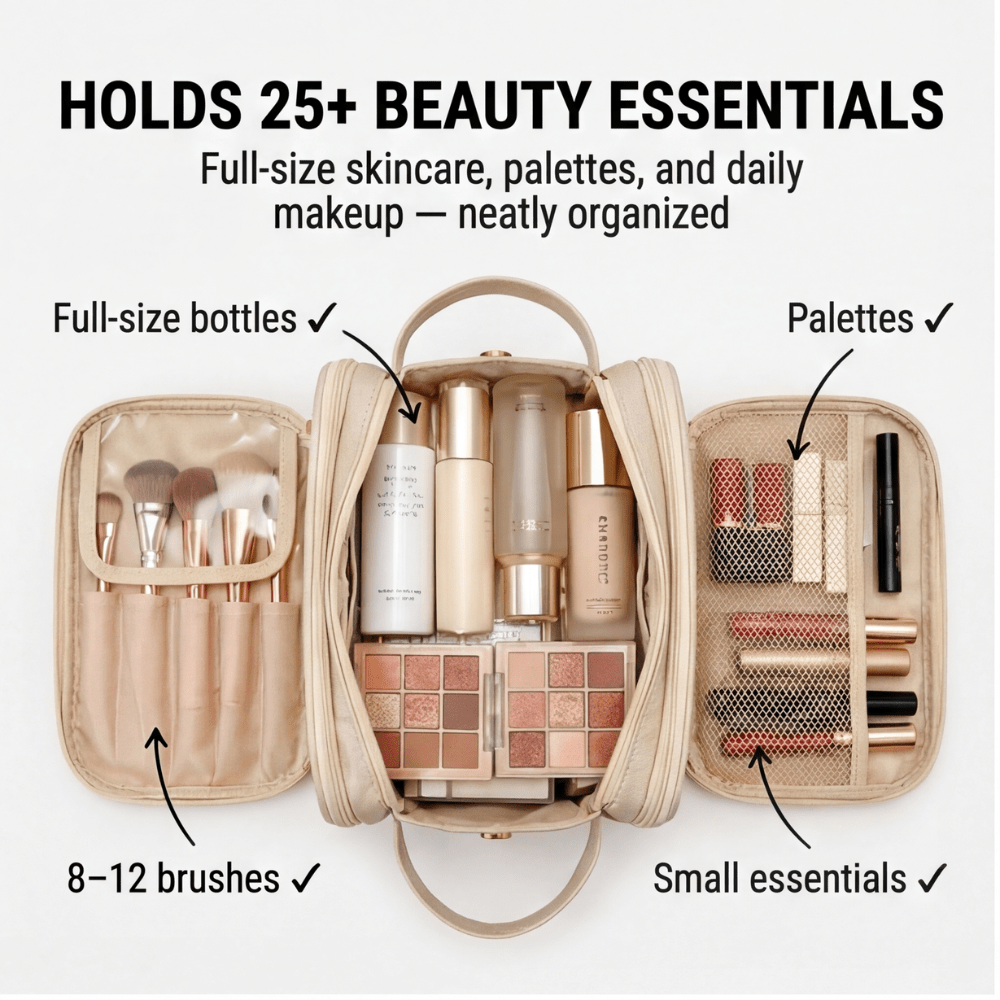 Glo Makeup Organizer | Large Capacity, Waterproof PU Leather, Brush Holder - Hartwella