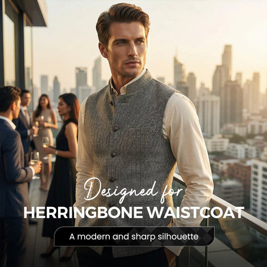 Harrison Herringbone Waistcoat | Stand Collar, Modern Fit, Silver, Polyester Fiber - Hartwella