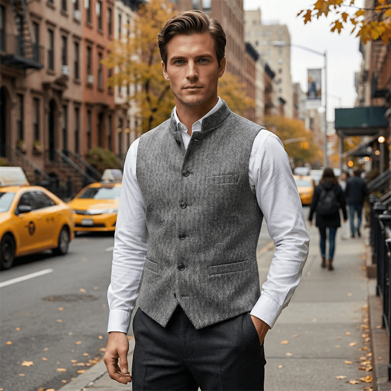 Harrison Herringbone Waistcoat | Stand Collar, Modern Fit, Silver, Polyester Fiber - Hartwella