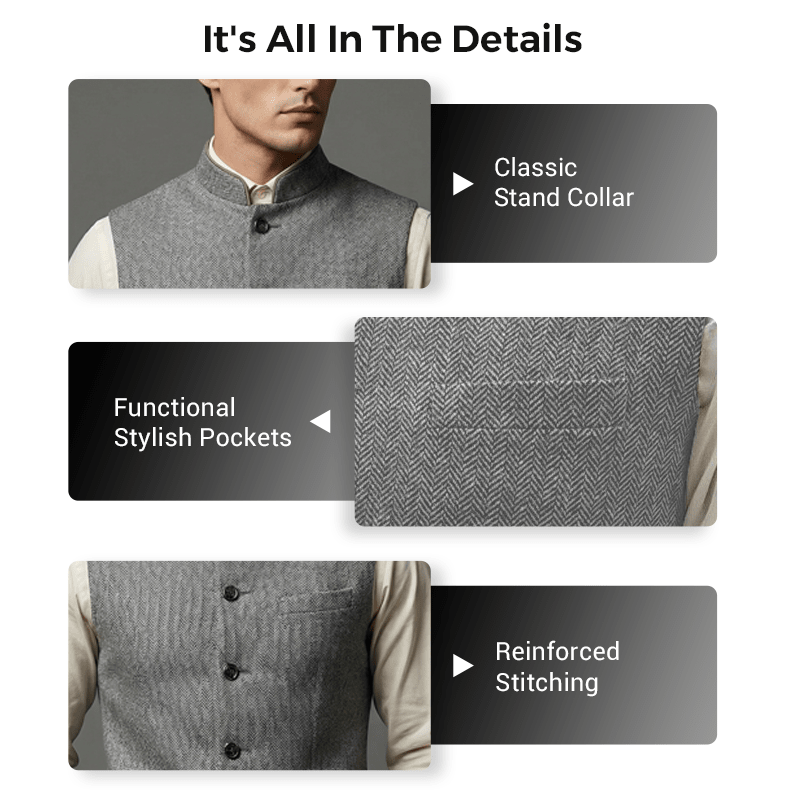 Harrison Herringbone Waistcoat | Stand Collar, Modern Fit, Silver, Polyester Fiber - Hartwella