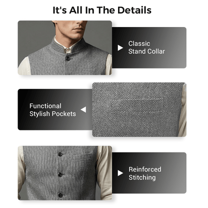 Harrison Herringbone Waistcoat | Stand Collar, Modern Fit, Silver, Polyester Fiber - Hartwella