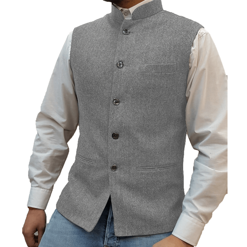 Harrison Herringbone Waistcoat | Stand Collar, Modern Fit, Silver, Polyester Fiber - Hartwella