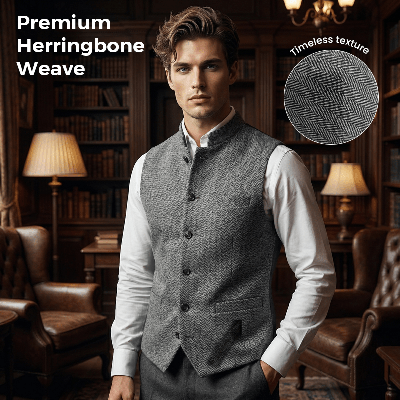 Harrison Herringbone Waistcoat | Stand Collar, Modern Fit, Silver, Polyester Fiber - Hartwella