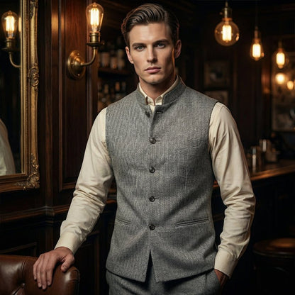 Harrison Herringbone Waistcoat | Stand Collar, Modern Fit, Silver, Polyester Fiber - Hartwella