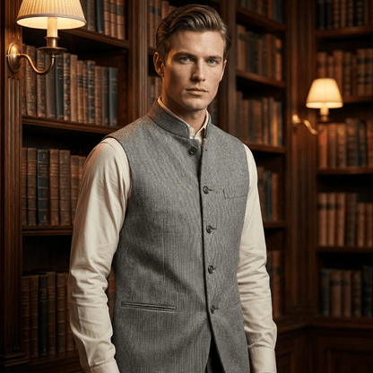 Harrison Herringbone Waistcoat | Stand Collar, Modern Fit, Silver, Polyester Fiber - Hartwella