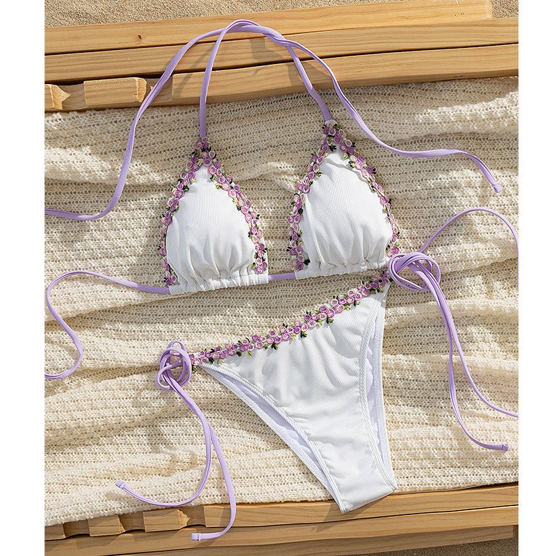 Haven Bikini Set | Adjustable Halter with Floral Trim, Comfortable Ribbed Fabric - Hartwella