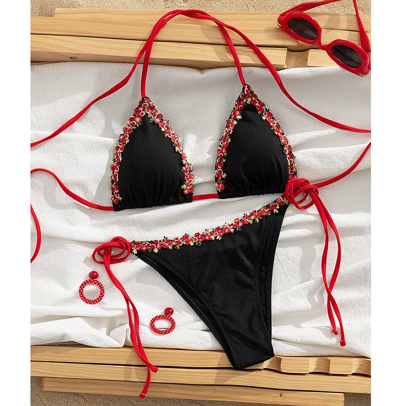 Haven Bikini Set | Adjustable Halter with Floral Trim, Comfortable Ribbed Fabric - Hartwella
