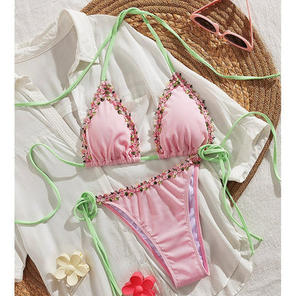 Haven Bikini Set | Adjustable Halter with Floral Trim, Comfortable Ribbed Fabric - Hartwella