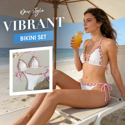 Haven Bikini Set | Adjustable Halter with Floral Trim, Comfortable Ribbed Fabric - Hartwella