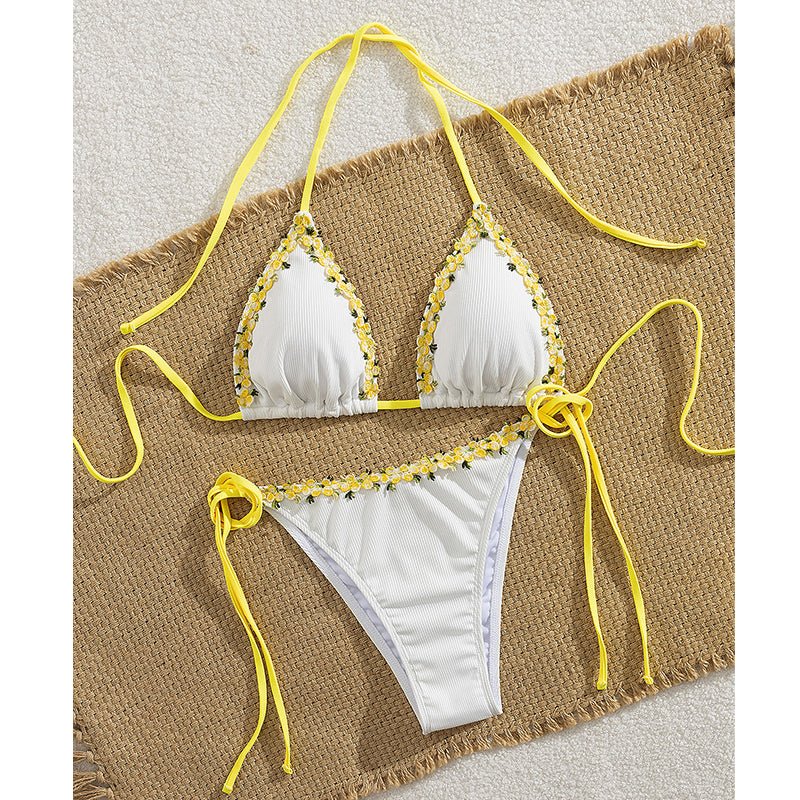 Haven Bikini Set | Adjustable Halter with Floral Trim, Comfortable Ribbed Fabric - Hartwella