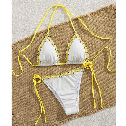 Haven Bikini Set | Adjustable Halter with Floral Trim, Comfortable Ribbed Fabric - Hartwella