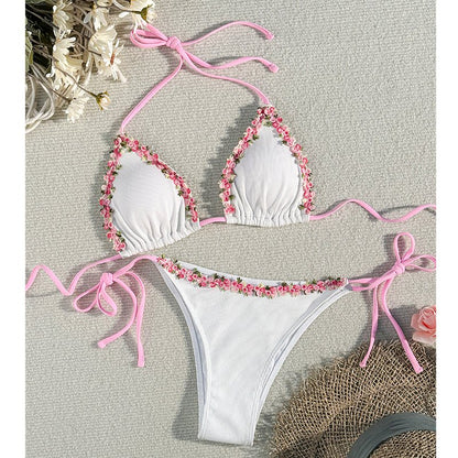 Haven Bikini Set | Adjustable Halter with Floral Trim, Comfortable Ribbed Fabric - Hartwella