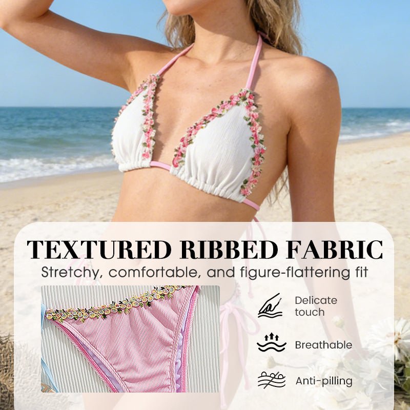 Haven Bikini Set | Adjustable Halter with Floral Trim, Comfortable Ribbed Fabric - Hartwella