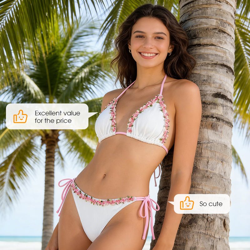 Haven Bikini Set | Adjustable Halter with Floral Trim, Comfortable Ribbed Fabric - Hartwella