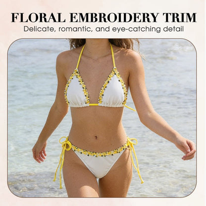 Haven Bikini Set | Adjustable Halter with Floral Trim, Comfortable Ribbed Fabric - Hartwella