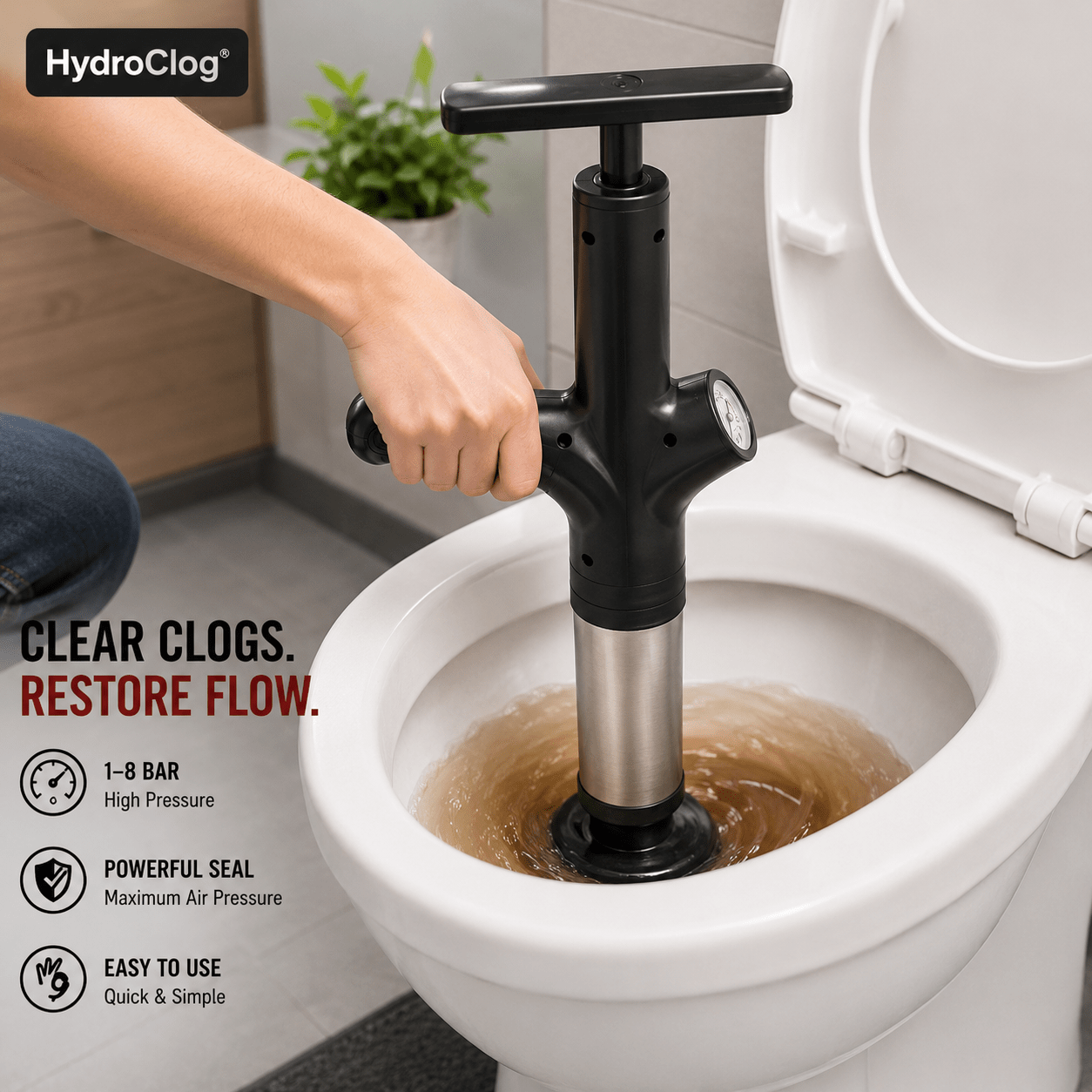 HydroClog Toilet Unclogger | High-Pressure, Durable Stainless Steel - Hartwella