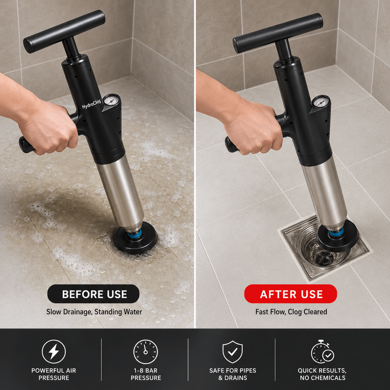 HydroClog Toilet Unclogger | High-Pressure, Durable Stainless Steel - Hartwella