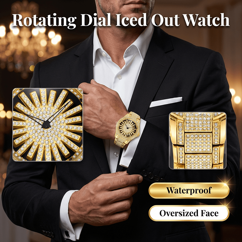 Iced - Out Men's Watch | Gold Quartz with Rotating Dial - Hartwella