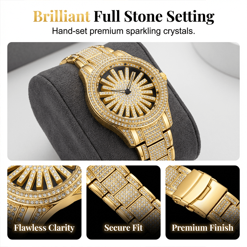 Iced - Out Men's Watch | Gold Quartz with Rotating Dial - Hartwella