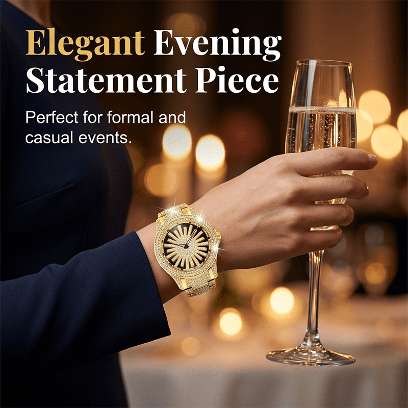 Iced - Out Men's Watch | Gold Quartz with Rotating Dial - Hartwella