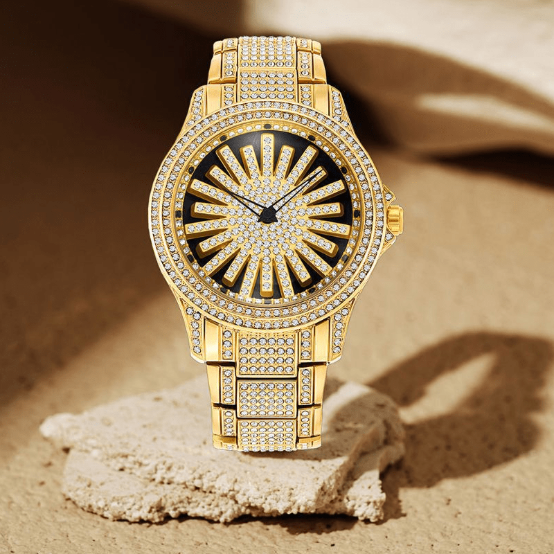 Iced - Out Men's Watch | Gold Quartz with Rotating Dial - Hartwella