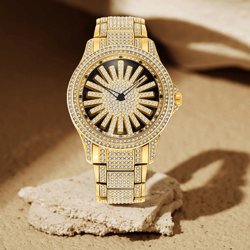 Iced - Out Men's Watch | Gold Quartz with Rotating Dial - Hartwella