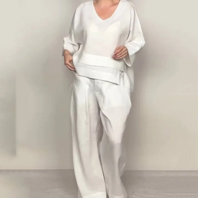 Iris Casual Pants Set | Cotton-Linen Blend, Asymmetric Hem - Hartwella