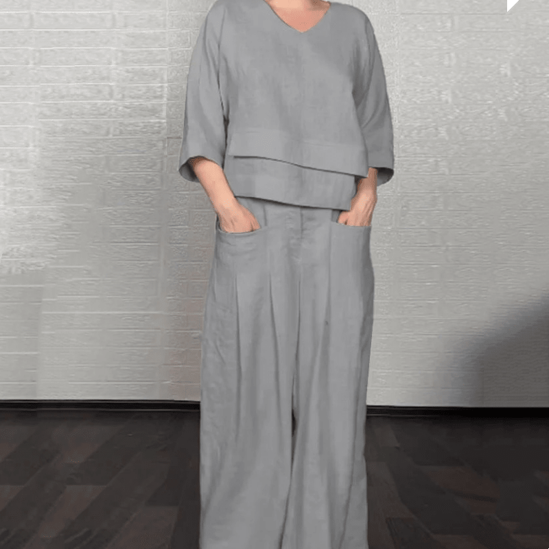 Iris Casual Pants Set | Cotton-Linen Blend, Asymmetric Hem - Hartwella
