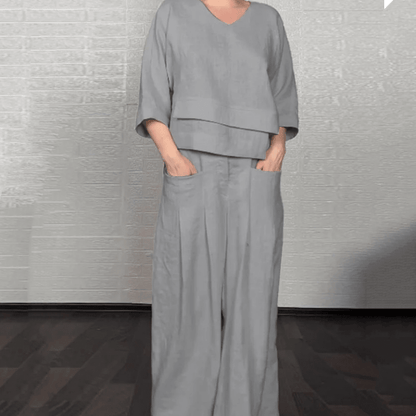 Iris Casual Pants Set | Cotton-Linen Blend, Asymmetric Hem - Hartwella