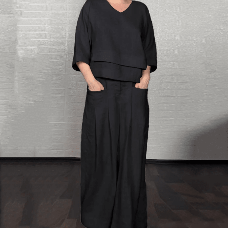 Iris Casual Pants Set | Cotton-Linen Blend, Asymmetric Hem - Hartwella