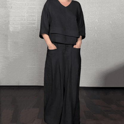 Iris Casual Pants Set | Cotton-Linen Blend, Asymmetric Hem - Hartwella