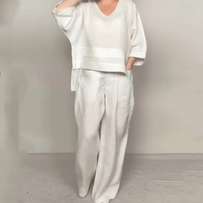 Iris Casual Pants Set | Cotton-Linen Blend, Asymmetric Hem - Hartwella