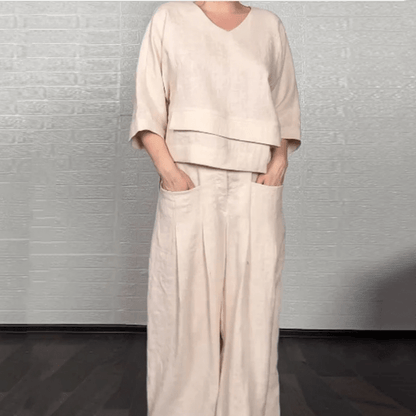 Iris Casual Pants Set | Cotton-Linen Blend, Asymmetric Hem - Hartwella