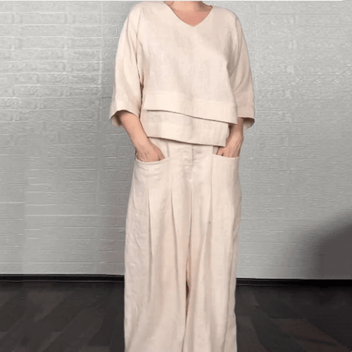 Iris Casual Pants Set | Cotton-Linen Blend, Asymmetric Hem - Hartwella