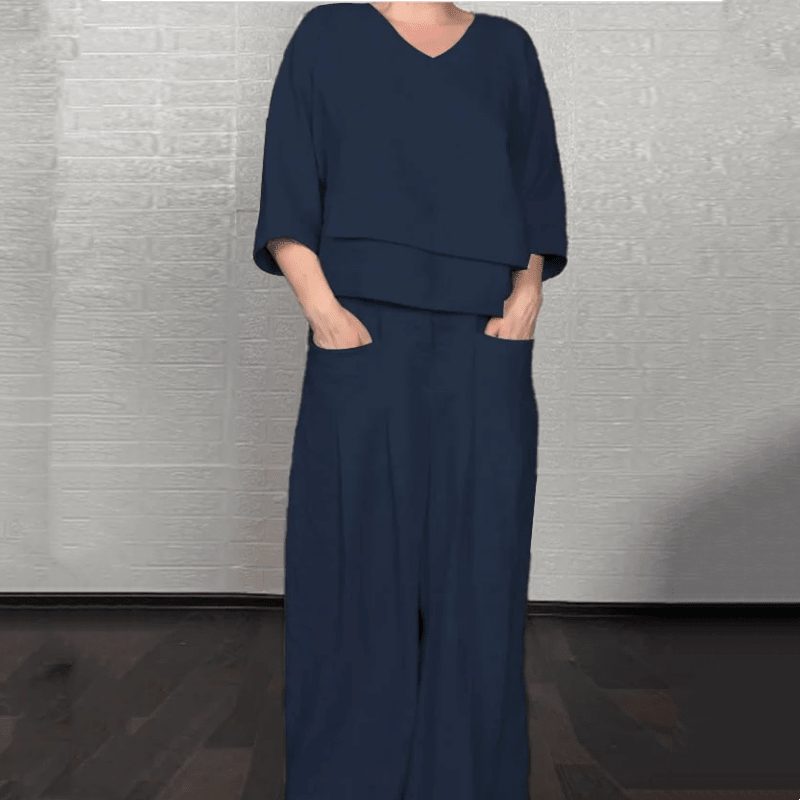 Iris Casual Pants Set | Cotton-Linen Blend, Asymmetric Hem - Hartwella