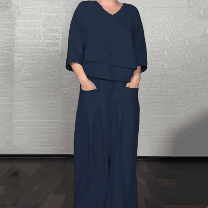 Iris Casual Pants Set | Cotton-Linen Blend, Asymmetric Hem - Hartwella