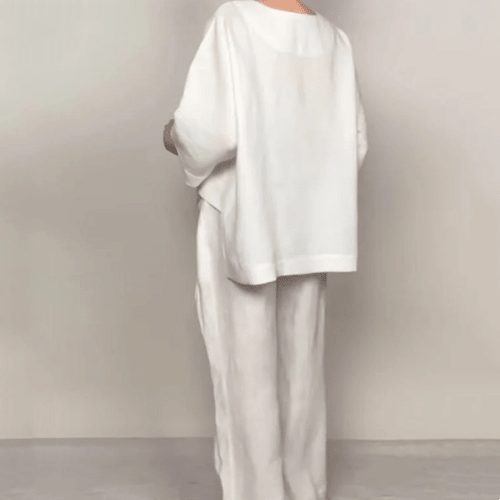 Iris Casual Pants Set | Cotton-Linen Blend, Asymmetric Hem - Hartwella