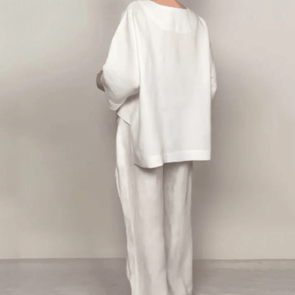 Iris Casual Pants Set | Cotton-Linen Blend, Asymmetric Hem - Hartwella