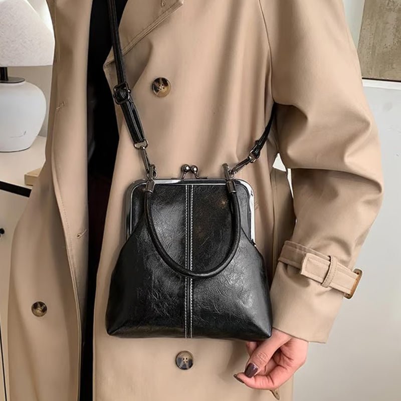 Kira Crossbody Bag | Black PU Leather, Vintage Clasp, Dual Carrying Options - Hartwella