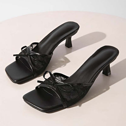 Lana Women's Mules | Lace Upper, Bow Accent, Slip-On Kitten Heel - Hartwella
