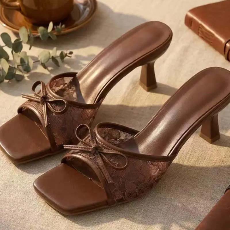 Lana Women's Mules | Lace Upper, Bow Accent, Slip-On Kitten Heel - Hartwella