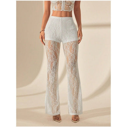 Lara Flare Pants | High - Waisted, Elegant Lace Overlay - Hartwella