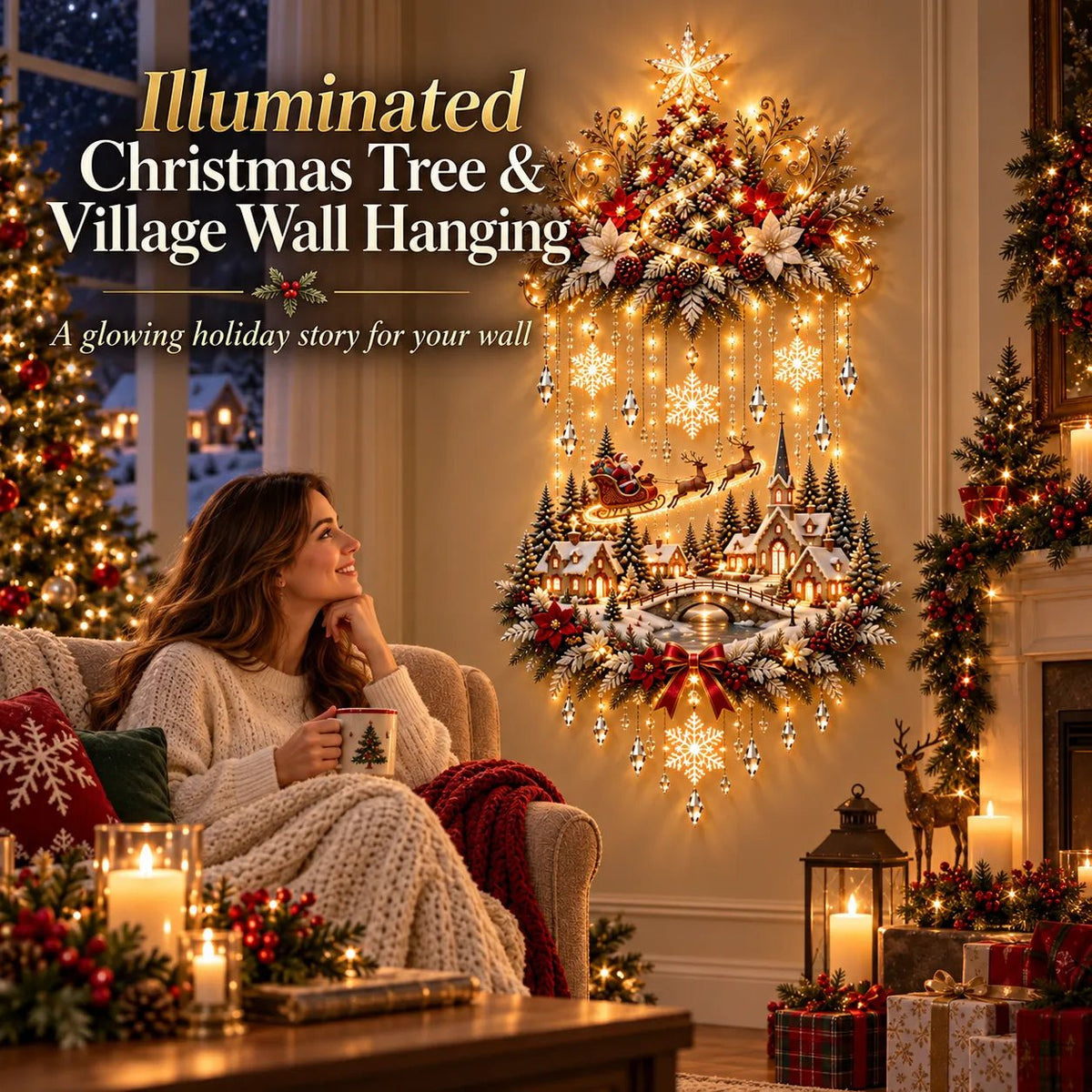 Liora Christmas Wall Art | Illuminated Wall Hanging Tree with Warm LED Lights - Hartwella