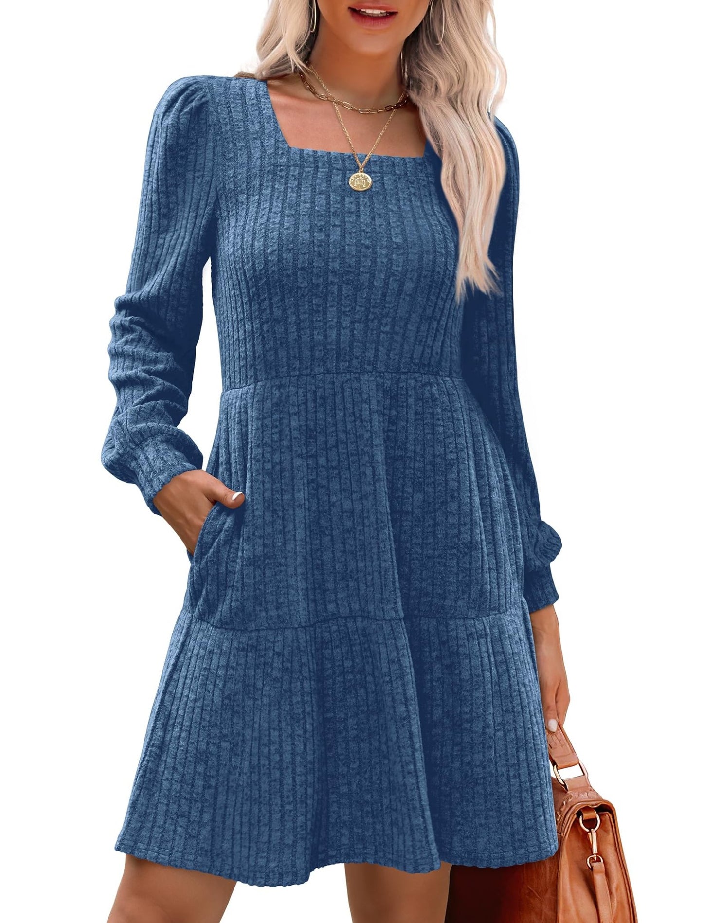 Livra Women's Dress | Square Neck, Lantern Sleeve, Above Knee Length - Hartwella