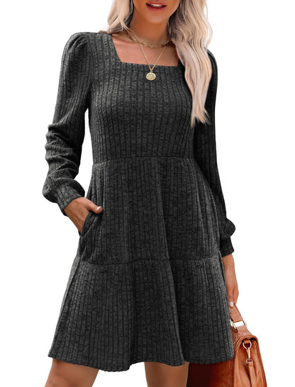 Livra Women's Dress | Square Neck, Lantern Sleeve, Above Knee Length - Hartwella