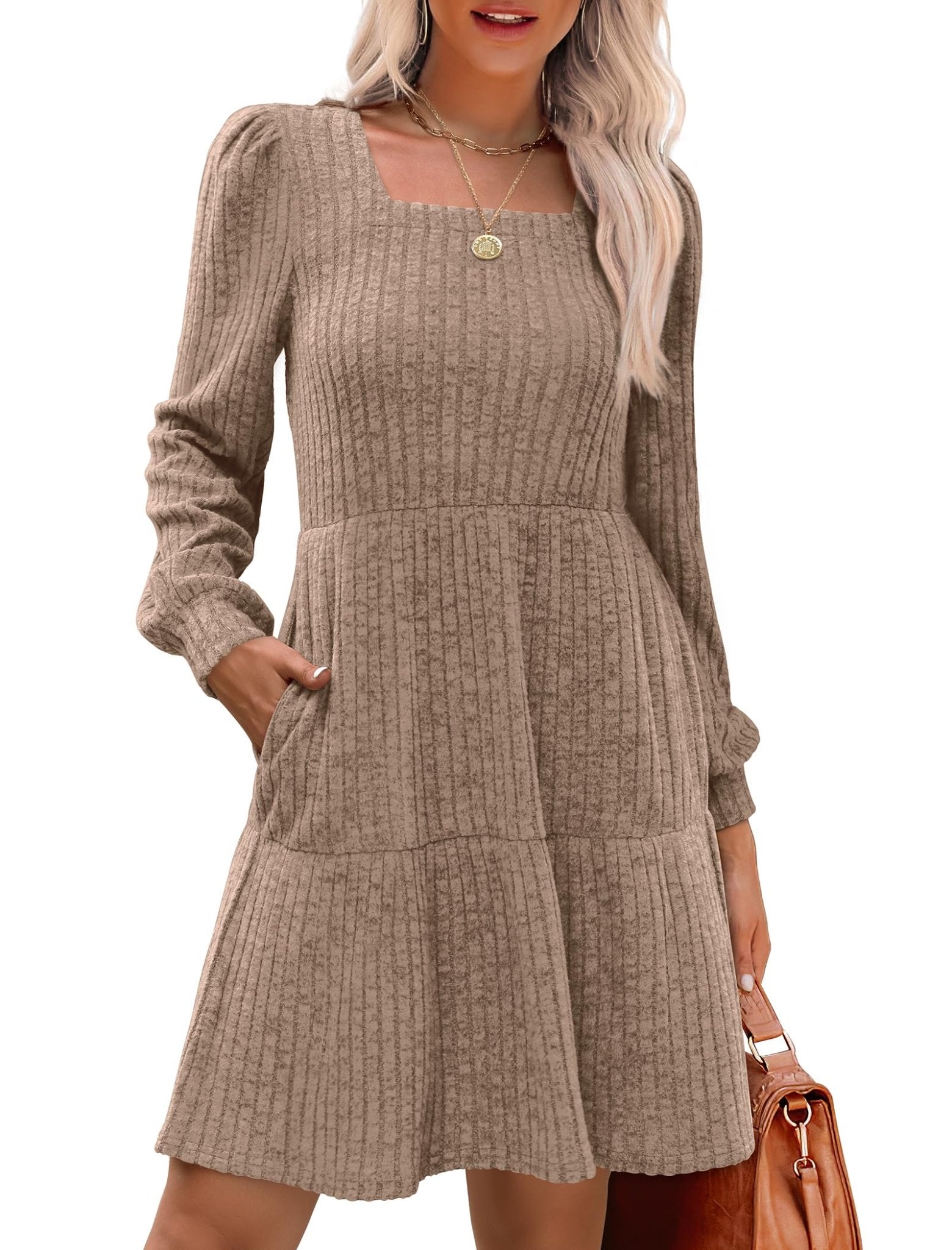 Livra Women's Dress | Square Neck, Lantern Sleeve, Above Knee Length - Hartwella