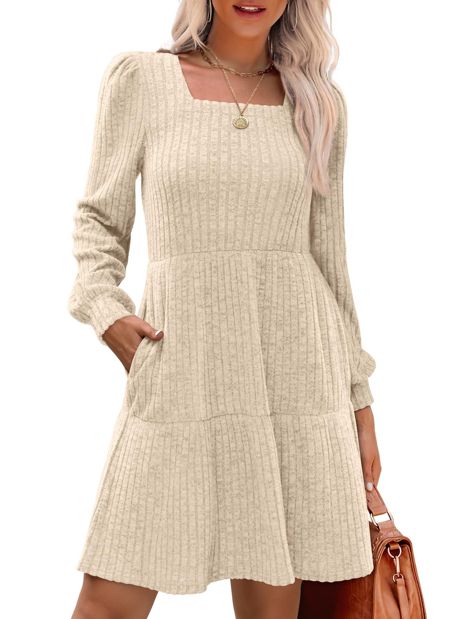 Livra Women's Dress | Square Neck, Lantern Sleeve, Above Knee Length - Hartwella